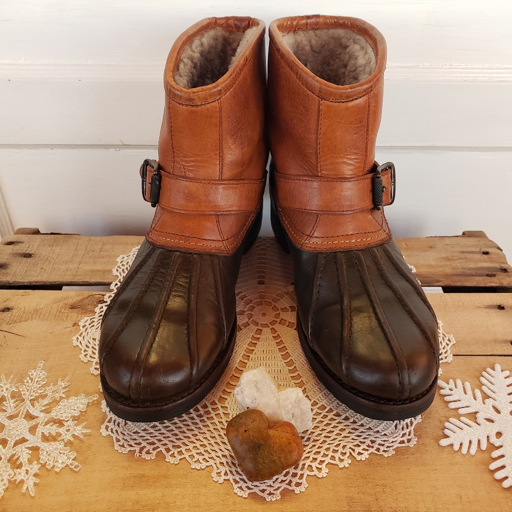 Olive Green Frye Shearling Fur Veronica Leather Duck Bootie Moto Engineer Boho🌿 - Picture 6 of 10